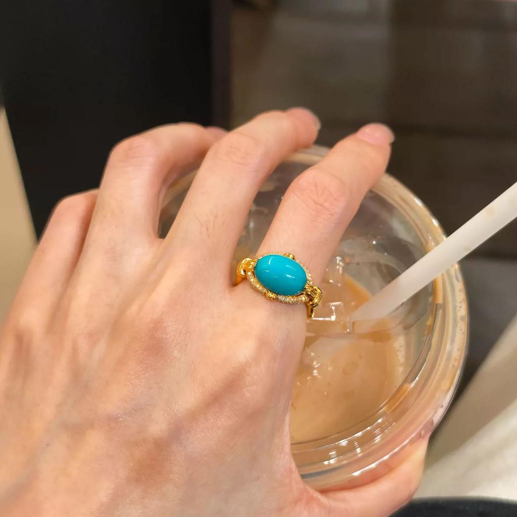 Vintage diamond inlay oval turquoise rings for women layered style blue ring exquisite fashion high-end banquet jewelry gifts