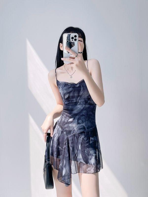 Summer Suspender Dress Women Wear Thin Versatile Short Skirt Pure Lust Hot Girl Cross Backless Irregular Print