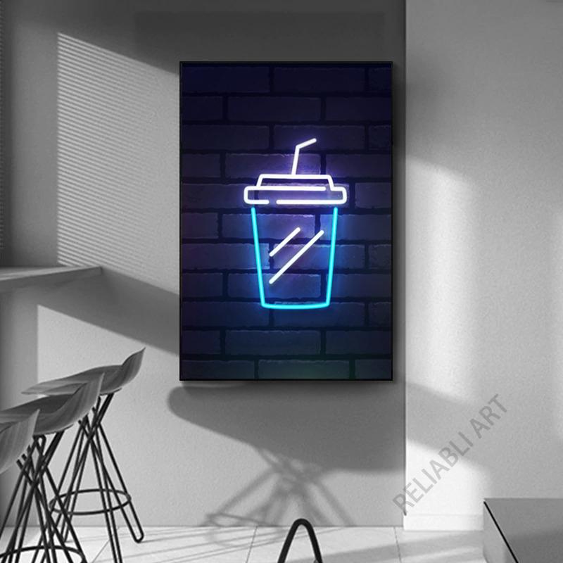 

Красочные неоновые холсты для быстрого питания, картина с картофелем фри, напитки, пицца, гамбургеры, значки, уличные художественные постеры для декора стен столовой 21x30cm No Frame