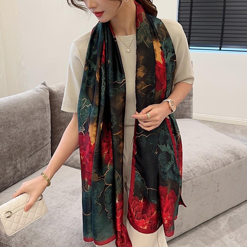 Fashion printed luxury scarf women's new silk scarf long large size travel shawl sun protection