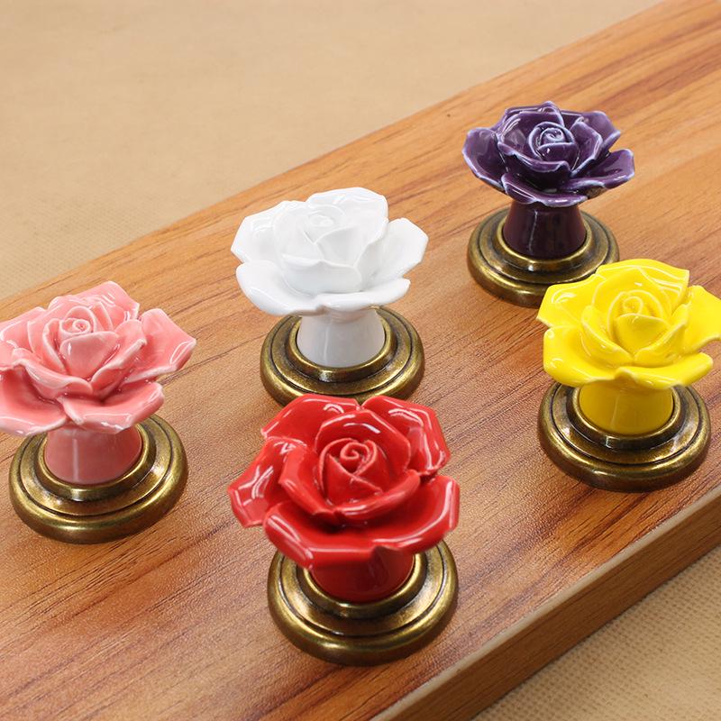 Rose Ceramic Cabinet Handle - Modern Pastoral Style, Single Hole Design for Drawer, Wardrobe, or Door