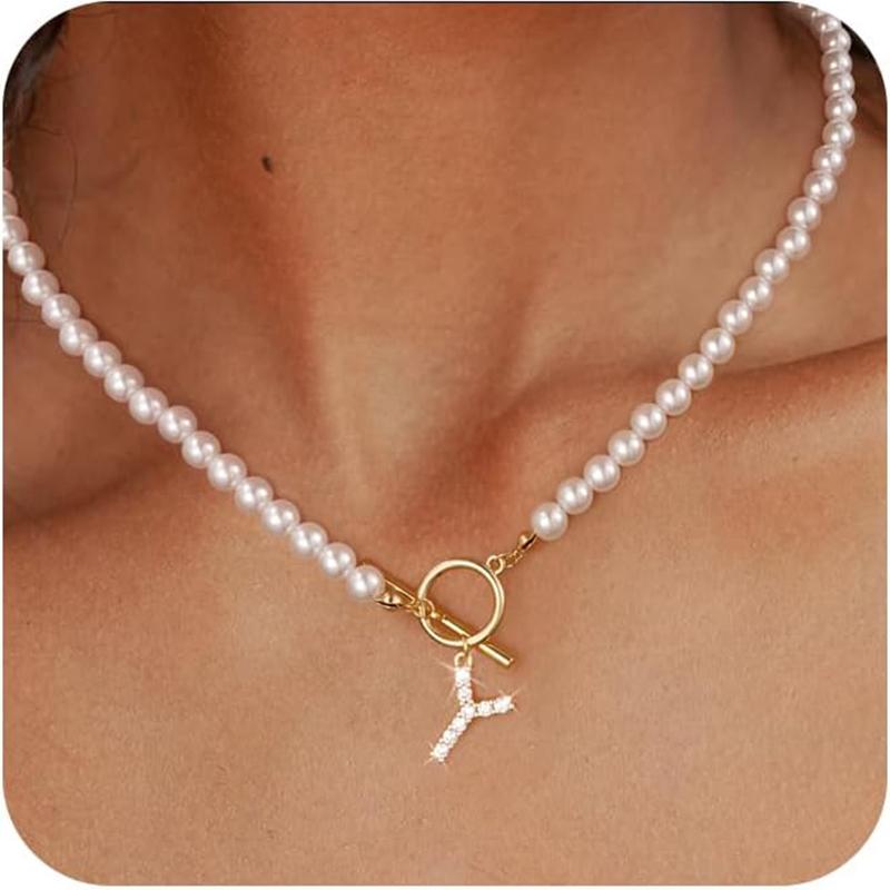 Rhinestone Letter Imitation Pearl Choker Necklace For Women Gold Plated Crystal Initial Pendant Necklace