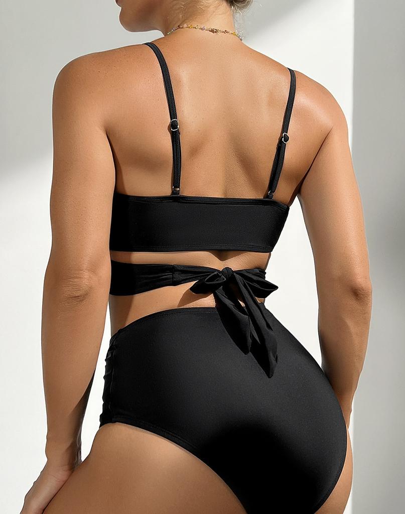 Sexy dámské plavky s černým zavazováním a vysokým pasem plavky na plážové oblečení