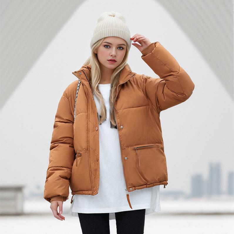 Winter Autumn Short Women Coat Stand-up Collar Thick Loose Jacket Warm Large Pocket Zipper Simple Parka