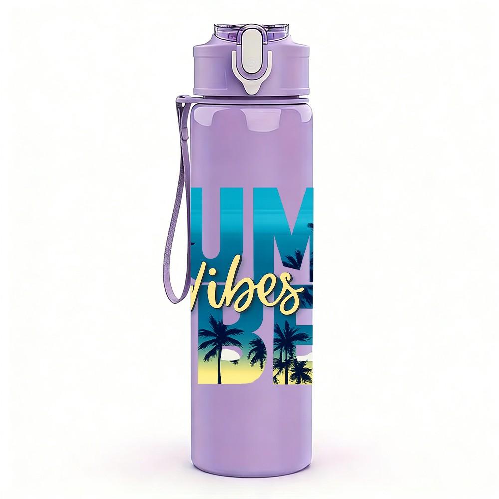 1PC Summer Vibes Gradient Letter 750ml Color Plastic Sports Water Bottle Leakproof Flip Straw Lid Suitable for Sports Office Home Use