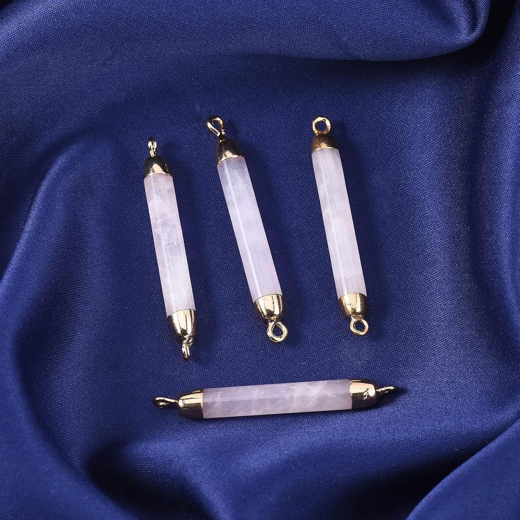 LiQunSweet 5 Pcs Natural Rose Quartz Crystal Stone Charm Connector Gemstones Links with Iron Findings Column Golden Bulk for Jewelry Making DIY