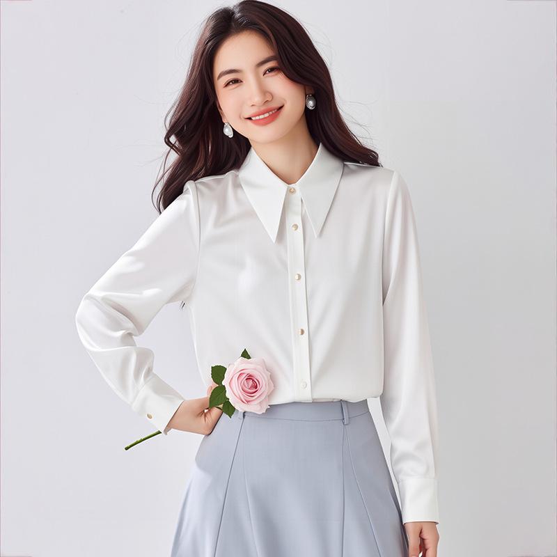 Women's Chic Early Spring Glossy Satin Long-Sleeve Shirt - Fashionable High-End Office Wear