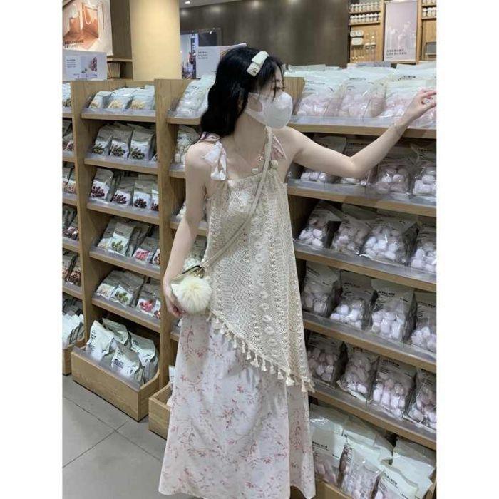 Design Sense Niche Irregular Splicing Fake Two-piece Floral Suspender Dress Women's Summer Small Fringed Skirt