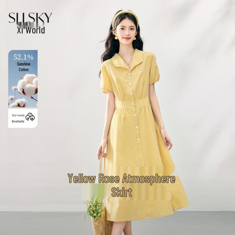 

Women s French Style Yellow Plaid Short-Sleeve Shirt Dress L