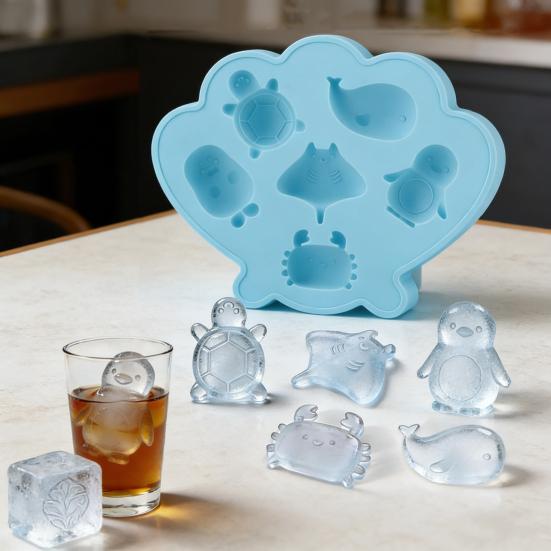 Ocean Animal Silicone Ice Cube Tray Food-Grade Flexible Mold for Seashell Turtle Whale Shapes Easy-Release Fun Ice Maker for Cocktails