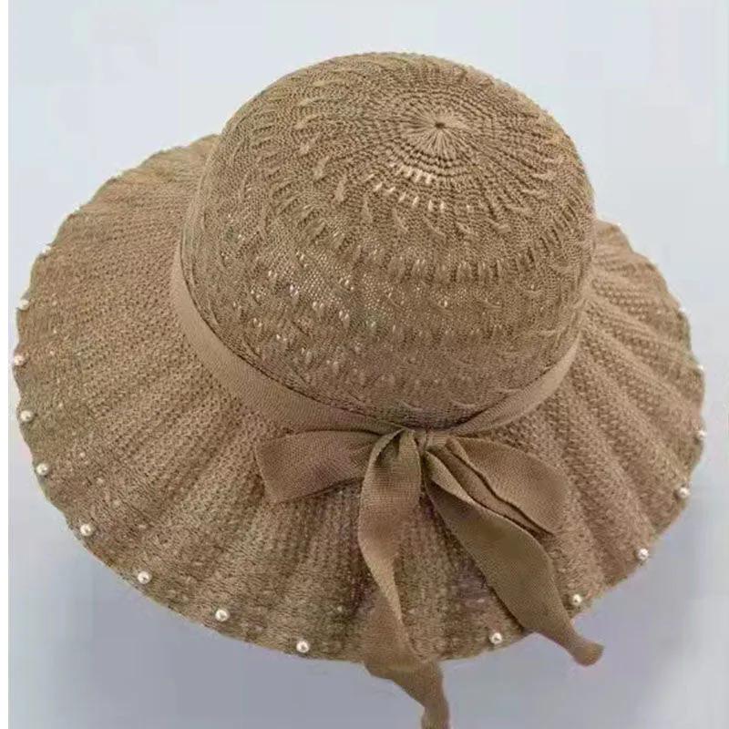 WTEMPO Solid Color Pearls Sun Hats Summer Women's Straw Beach Hats Sun Protection Breathable Fashion Elegant Bucket Hats