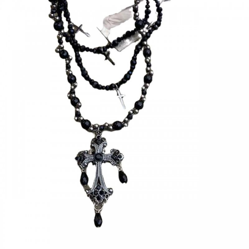Gothic Punk Layered Choker Necklace Set With Black Cross Pendant Zinc Alloy Dark Aesthetic Multi-Strand Statement Jewelry