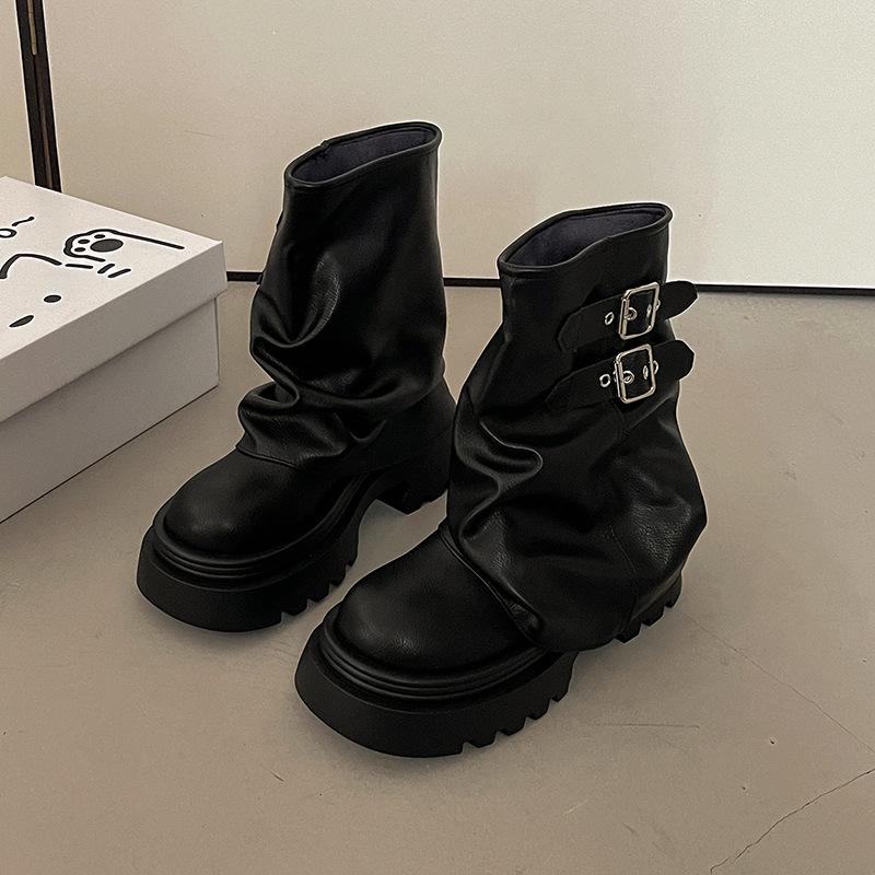 Nisje retro britisk stil spenne plattform korte Martin-støvletter dame 2025 høst og vinter nye tynne svarte lokomotivstøvletter