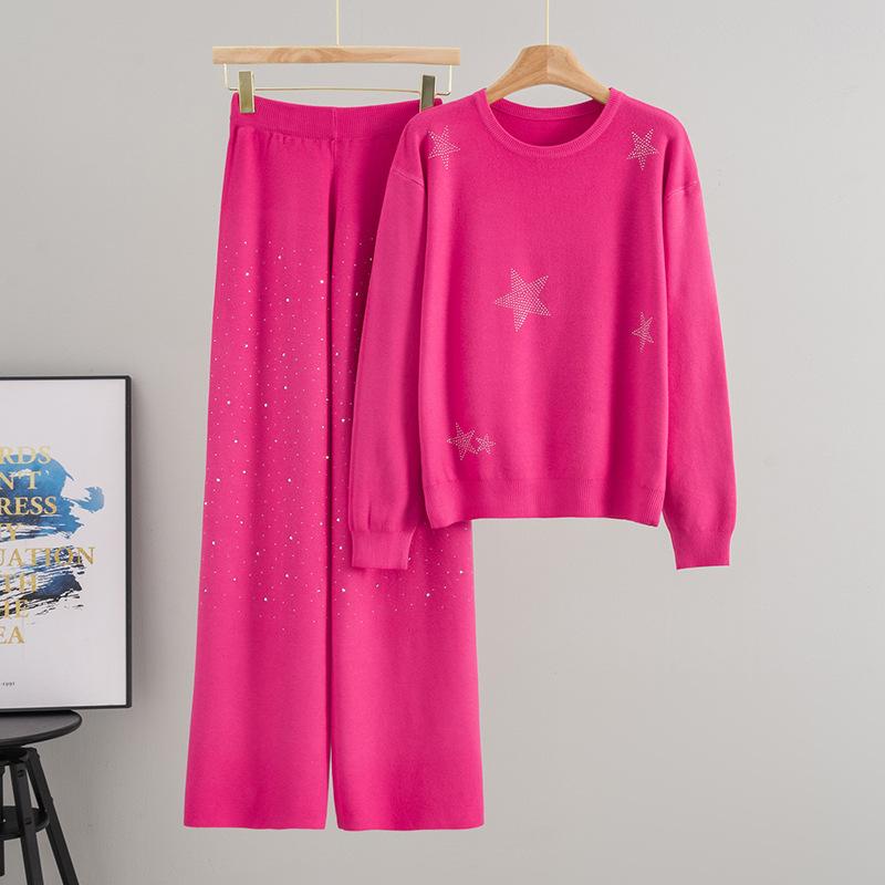 Fashion Autumn New Temperament Hot Diamond Loose Sweater Wide-leg Pants Knitted Two-piece Set for Women