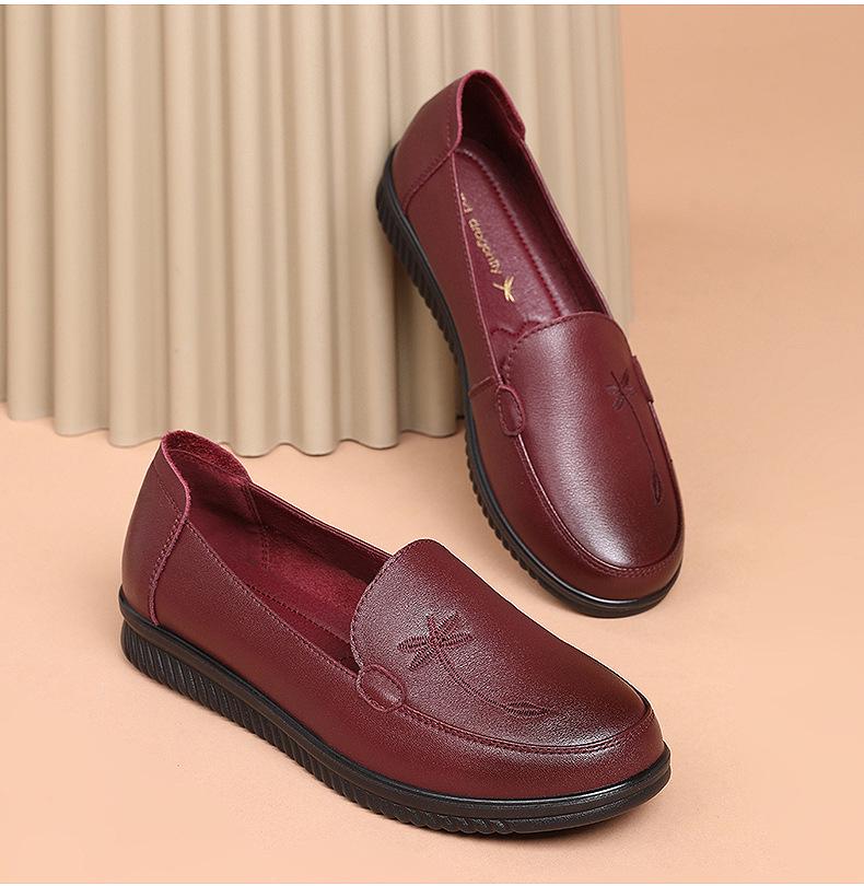 Red Dragonfly Women's Genuine Leather Slip-On Shoes - Comfortable Soft Sole for Spring, Ideal for Middle-Aged & Elderly