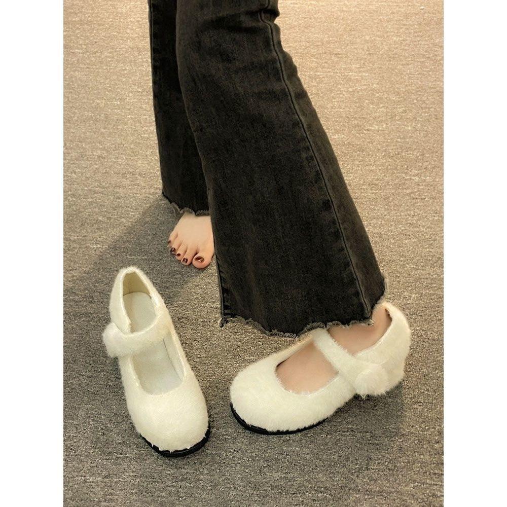 Fairy Wind Fluffy Shoes Female New Autumn and Winter with Skirt Gentle Mary Jane Velvet Single Shoes Wear High Heels