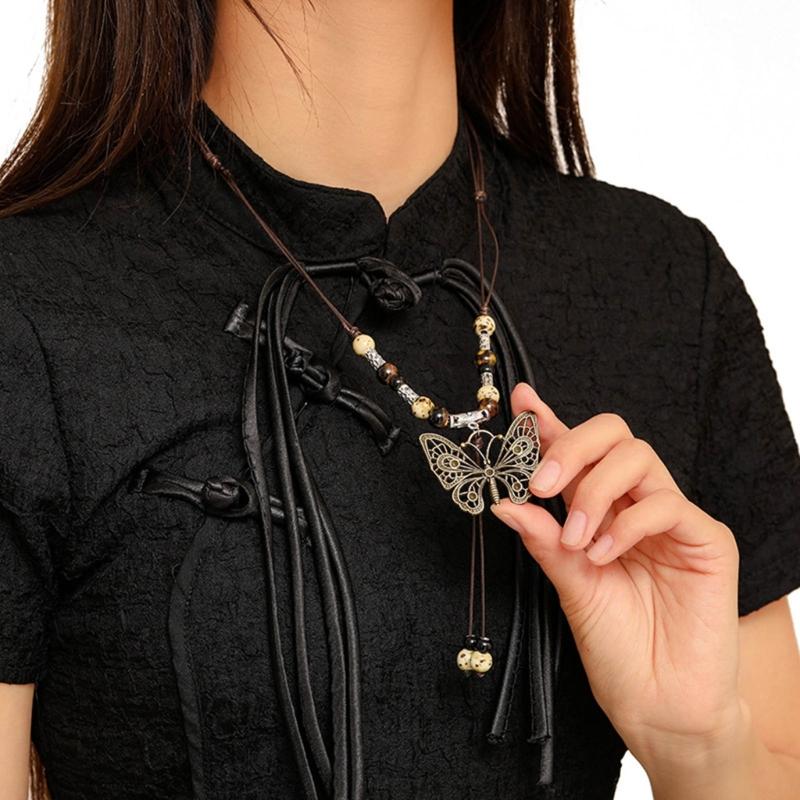 Vintage Wax Rope Handmade Ceramics Beads Butterfly Pendant Necklace For Lovers Women Sweater Chain Aesthetic Jewelry