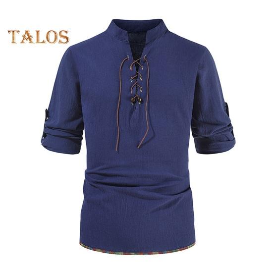 Spring Autumn Men Shirt Lace-up Stand Collar Long Sleeves Solid Color Loose Retro Medieval Mid Length Casual Commuting Office Top