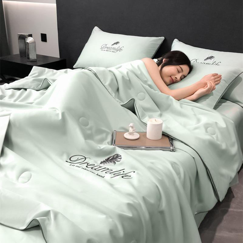 High-End Embroidery Cooling Quilt Set Summer Skin-Friendly Comforter Bedsheet Pillowcase Ice Silky Air Conditioning Blanket Kit