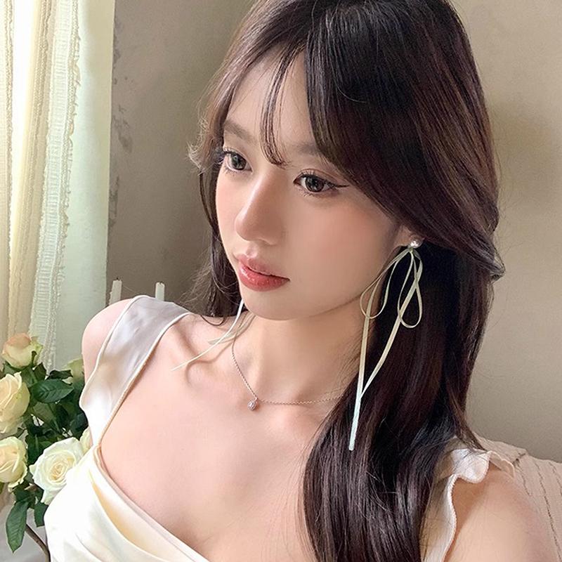 Korean Style Sweet Fresh Ribbon Bowknot Charm Stud Earrings Pearl Heart Dangle Ear Buckles For Girl Ballet Ear Jewelry