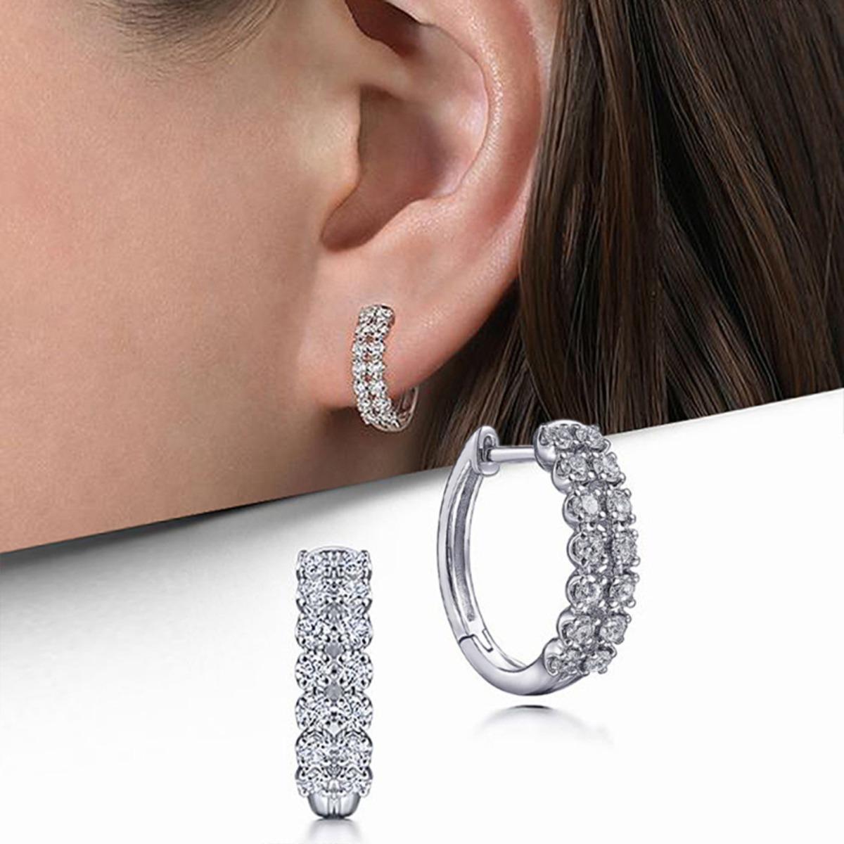Double Row Full Pave Stone Huggie Hoop Earrings Sparkling Elegant Daily Wear Women Jewelry