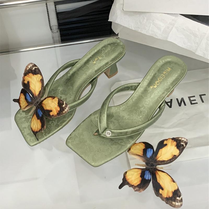 Fashion Elegant Butterfly Decorative Design Slippers Women Fashion Narrow Band Clip Toe Slide Sandals Concise Comfort Beach Flip Flops