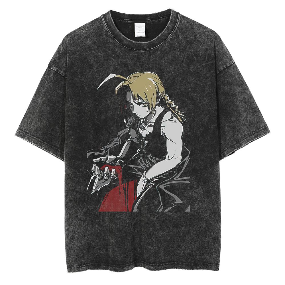 Anime Fullmetal Alchemist Logo Graphic Print T Shirt Men Women Vintage Manga Tshirts Washed Cotton Tshirt Harajuku Oversize Tee