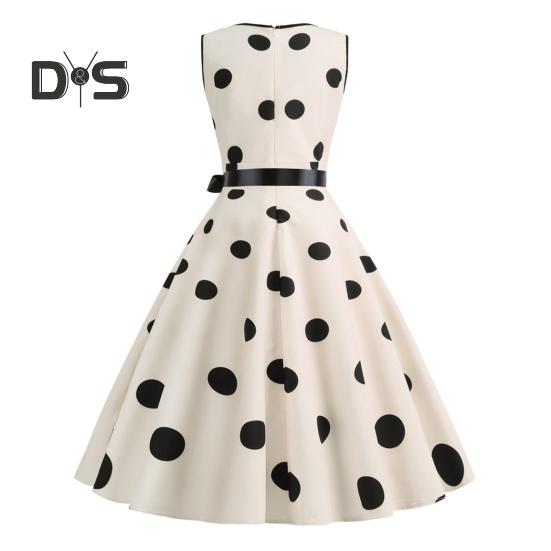 Sukienka wieczorowa dla kobiet w stylu vintage, kontrastowe kropki, nadruk w kropki, kokarda w talii, linia A, duży rozkloszowany, wąska talia, bez rękawów, odkryte plecy, dekolt w serek, sukienka midi w stylu księżniczki