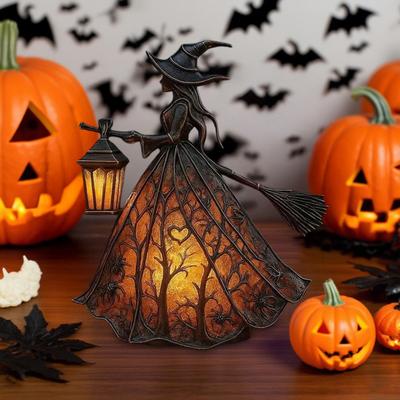 Halloween Witch Lamp Handcrafted Gothic Small Stained Glass Witch Figurine with Warm Light Desktop Standing Night Light for Home Shelf Mantel Decor