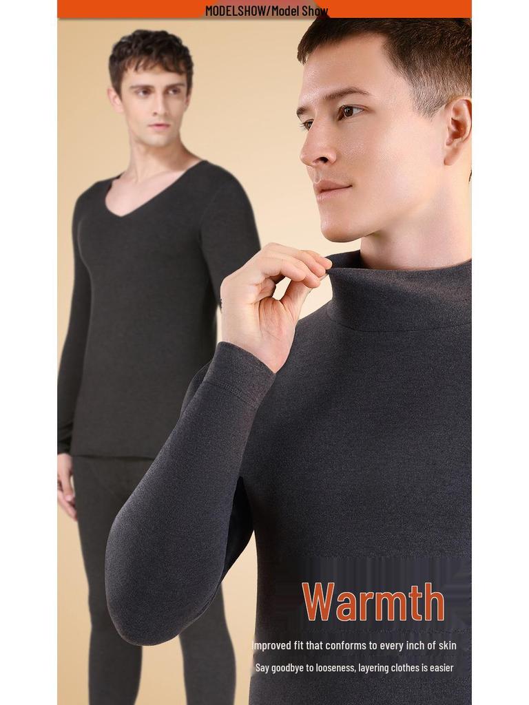 Men's Seamless Polyester Base Layer: No-Pill V-Neck, Round Neck, Mid-High Neck, Warm Autumn Top & Pants