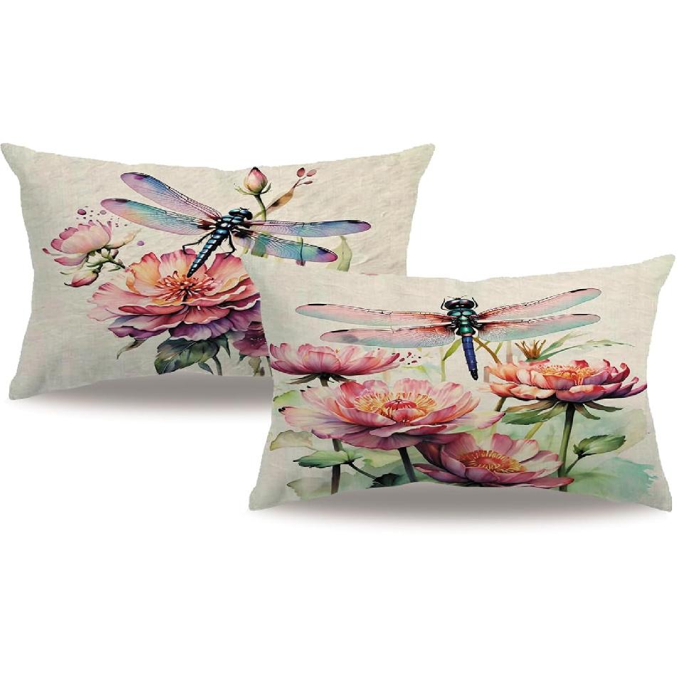 7COLORROOM Dragonfly Pillow Covers 18 X 18 Inch Wildflowers Color Dragonfly Cushion Covers Flower Holiday Rustic Farmhouse Decoration 2Pack for Sofa