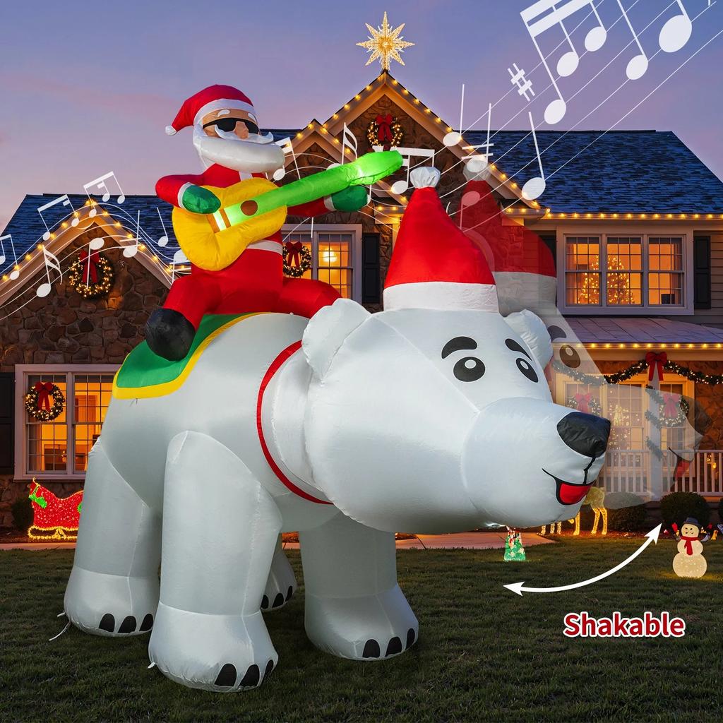 7FT Santa Claus Inflatable Decoration LED Lights Santa Riding Bear Shaking Head Blow Up Model With Music Recording Xmas Party