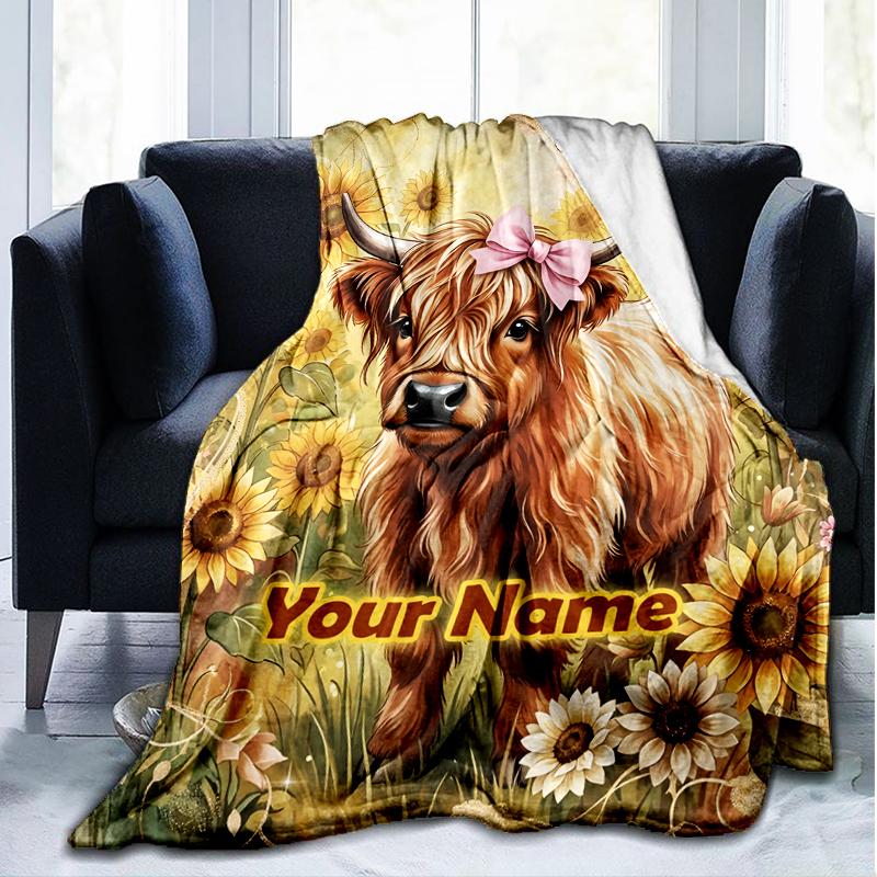 1PC Custom Name Highland Cow Sunflower Field Flannel Blanket Versatile,all-season Throw Suitable for the Living Room,bedroom,camping,travel,and Gift