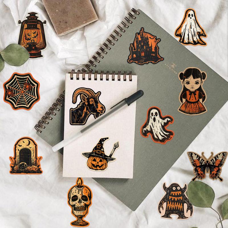 50Pcs Retro Halloween Stickers Pack Vintage Gothic Pumpkin Ghost Witch Skull Decals For Scrapbooking Bottle Laptop Phone Case