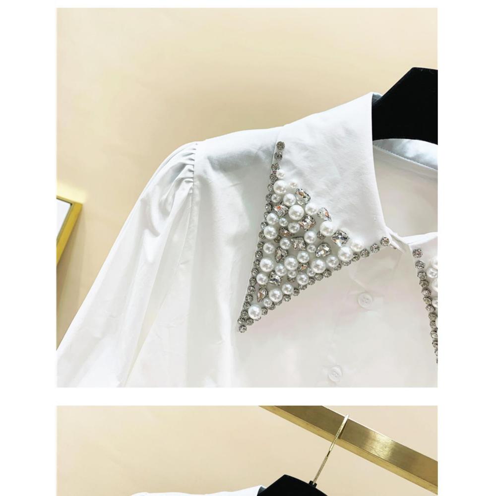 Luxury Embroidered Flares Diamonds Doll Collar Women Spring New Loose Lapel Collar Long Sleeved Solid Color Comfortable Shirt