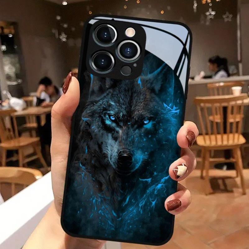 Midnight Wolf Shadow Pattern Tempered Glass Black Phone Case For Samsung Galaxy S23 S24 S25 Ultra Plus FE Shockproof Cover