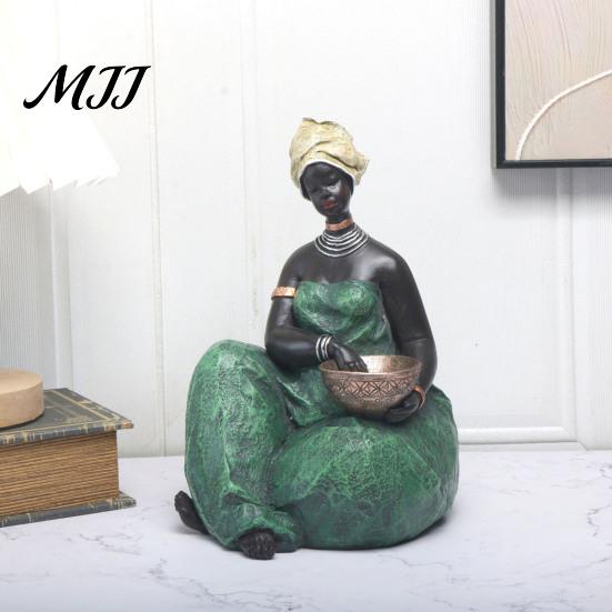Sitting African Character Lady Figurine, Resin Ethnic Sitting/Standing Woman Statue, Hand-Painted Bohemian Home Decor for Tabletop Art Decoration