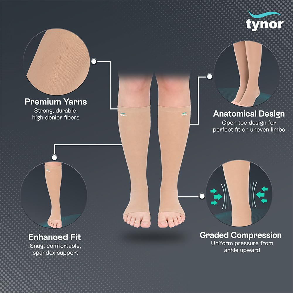 Tynor Medical Compression Stocking Knee High Class 2 (Pair), Beige, XXL, 1 Pair