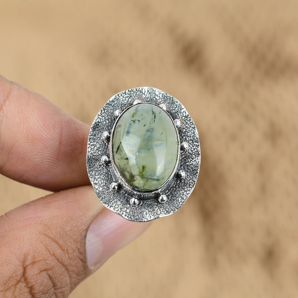 Mothers day Sale 925 Sterling Silver Moss Prehnite Gemstone Handmade Ring Size 6