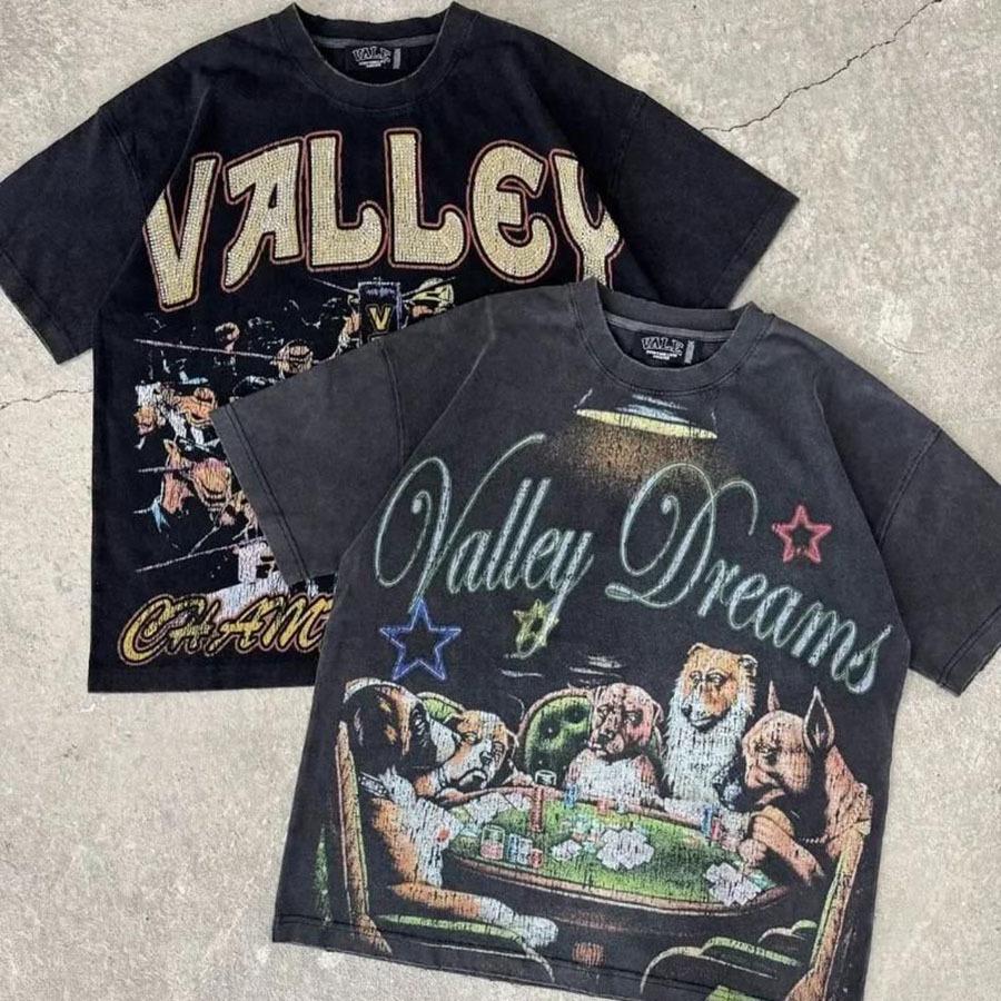 T-shirt Oversize Streetwear Retrò Americana con Stampa Scura e Effetto Usurato