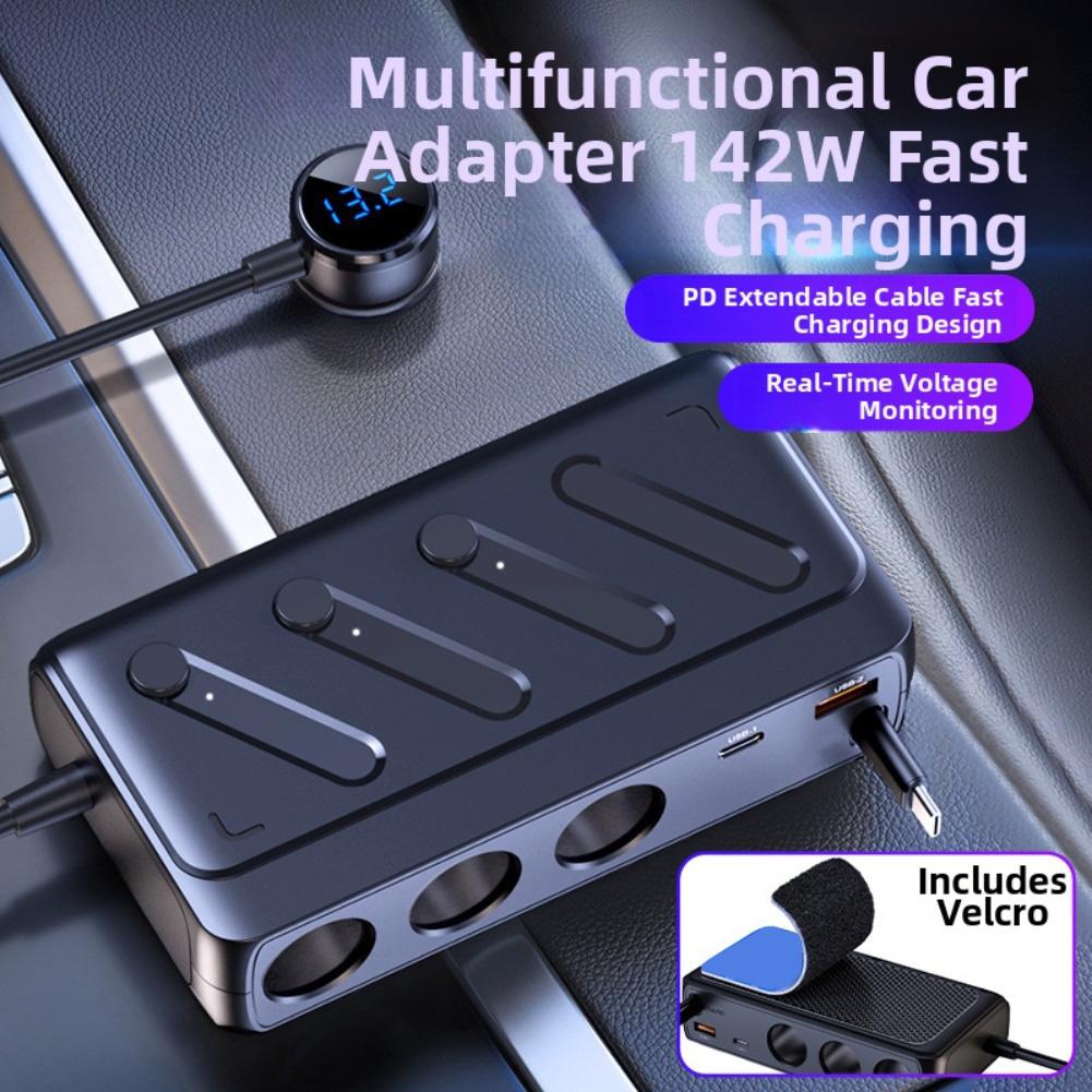 Retractable Car Charger Adapter 3 Socket 12V 24V with Type C PD Cable Vehicle Power Supply Multiple Device Charging