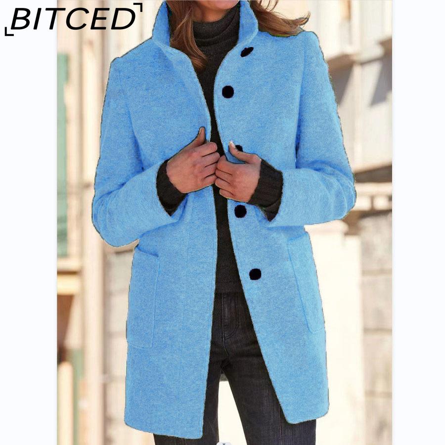 BITCED Autumn/Winter Women's Vintage Solid-Color Button-Up Stand Collar Wool Coat