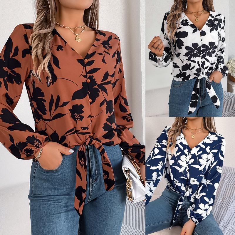 Ladies Autumn Winter Shirt Elegant Contrasting Flower Lantern Sleeve Lapel Blouses Fashion Casual Women's Top