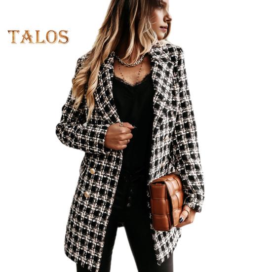 Damen Winter Herbst Mantel Umlegekragen Karomuster Zweireihig Lange Ärmel Dicke Mittellange Jacke für Dating Pendeln Büro