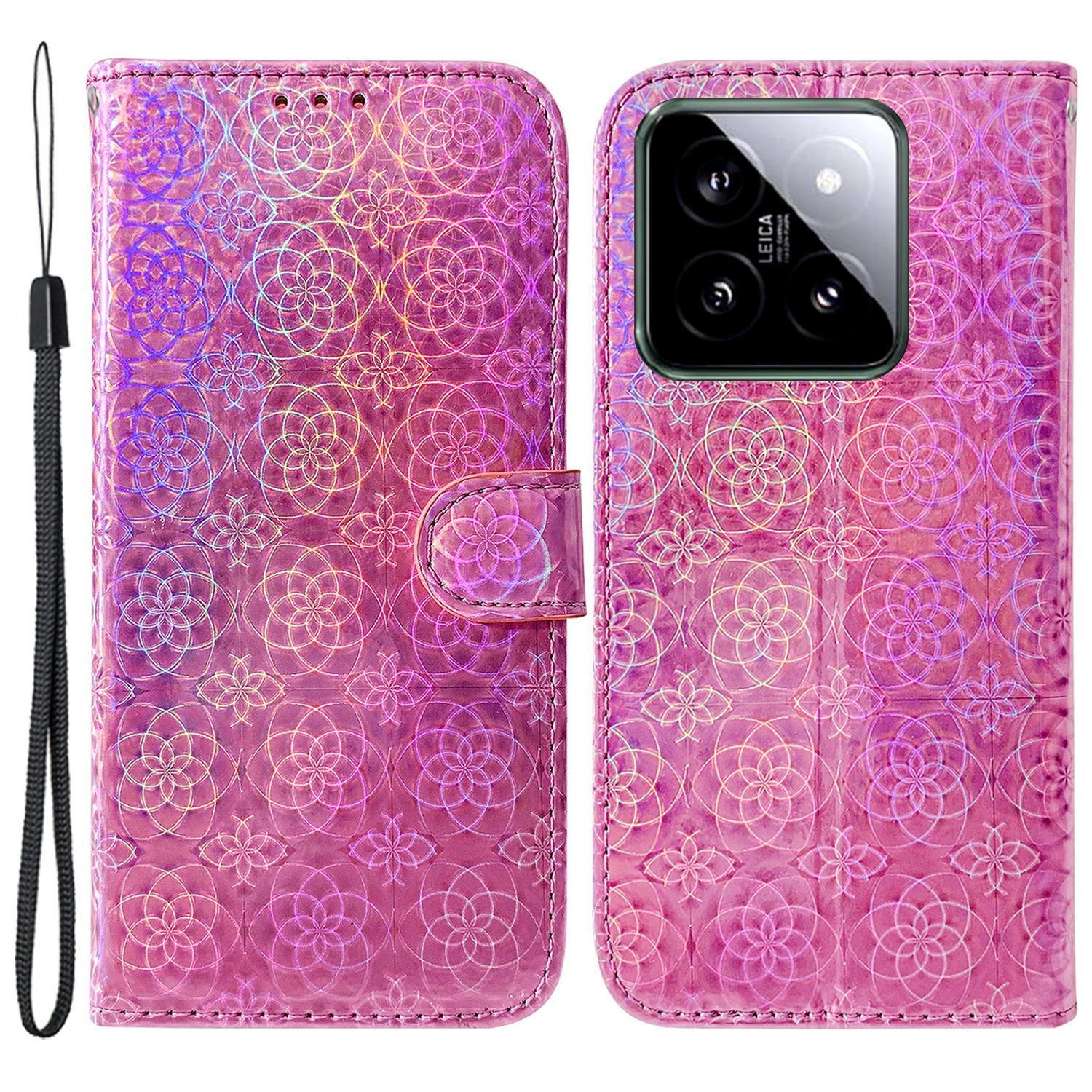 For Xiaomi 14 Leather Case Dazzling Flower Pattern Phone Cover with Hand Strap A