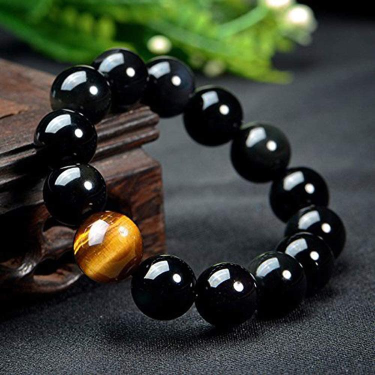 Black Obsidian Bracelet with Tiger Eye Beads Natural Stone Yoga Jewelry Adjustable Unisex Gifts