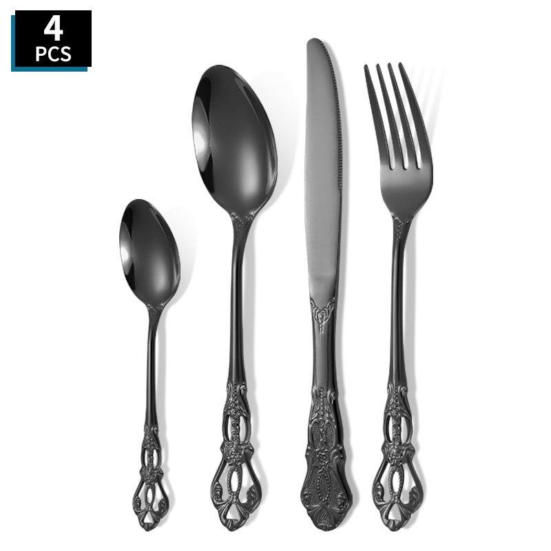Royal Court Embossed Stainless Steel Cutlery Set – Retro Hollowed Knife, Fork, and Spoon