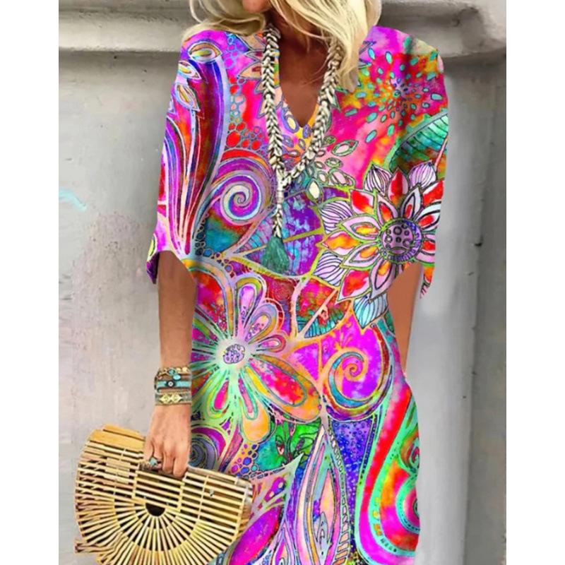 Shirt Dress Women's Casual Floral D Printed Sleeve Long Dress