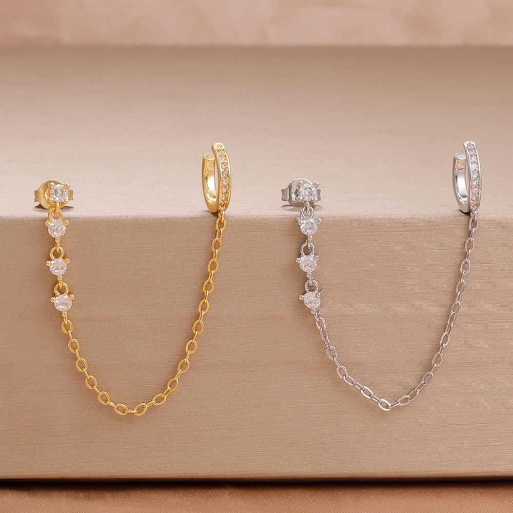 1PC Simple Stainless Steel Gold Color Chain Tassel Earring Zircon Stud Earrings Ear Clip Hypoallergenic Women's Jewelry