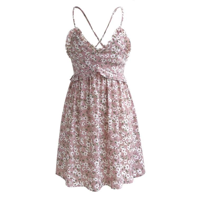 Blumendruck Damen Spaghetti-Träger A-Linien-Kleid Ärmellos Hohe Taille Über Knie Sommer Frühling S-XL